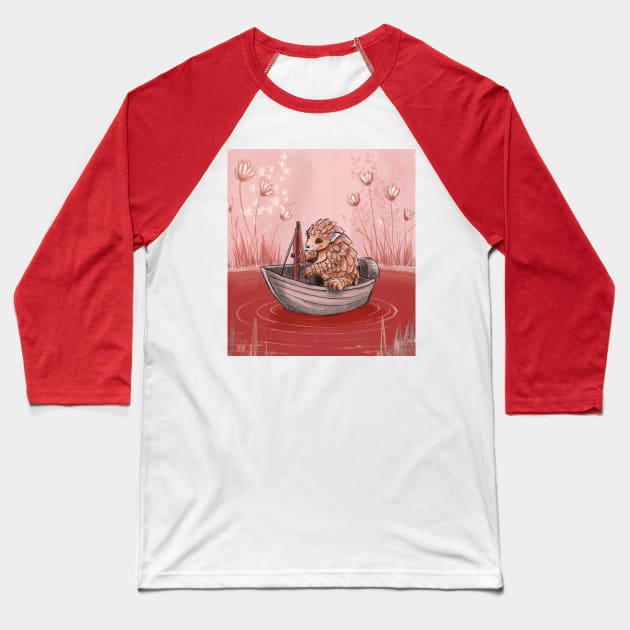 AI generated floral lake Pangolin on boat Baseball T-Shirt by Catbrat